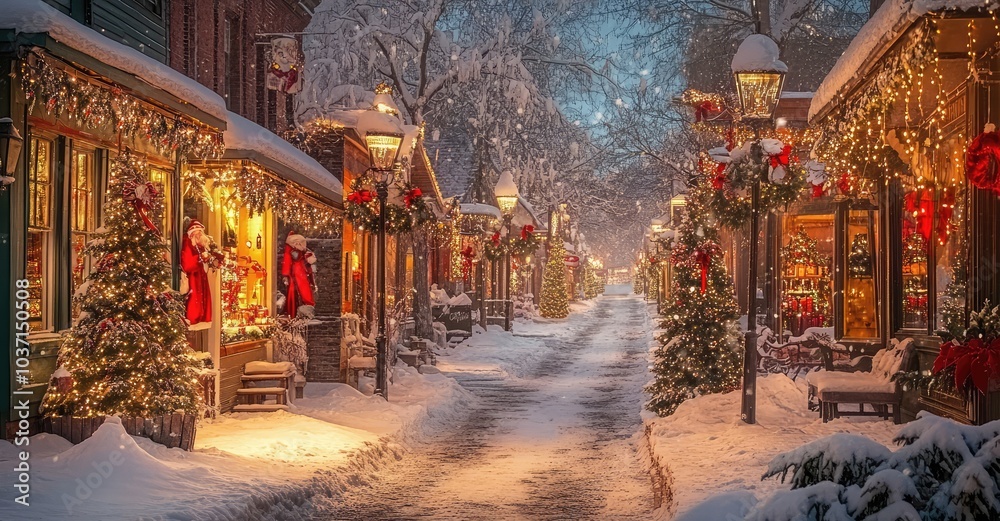 Fototapeta premium Charming Winter Street Scene with Festive Decorations. AI generated illustration.