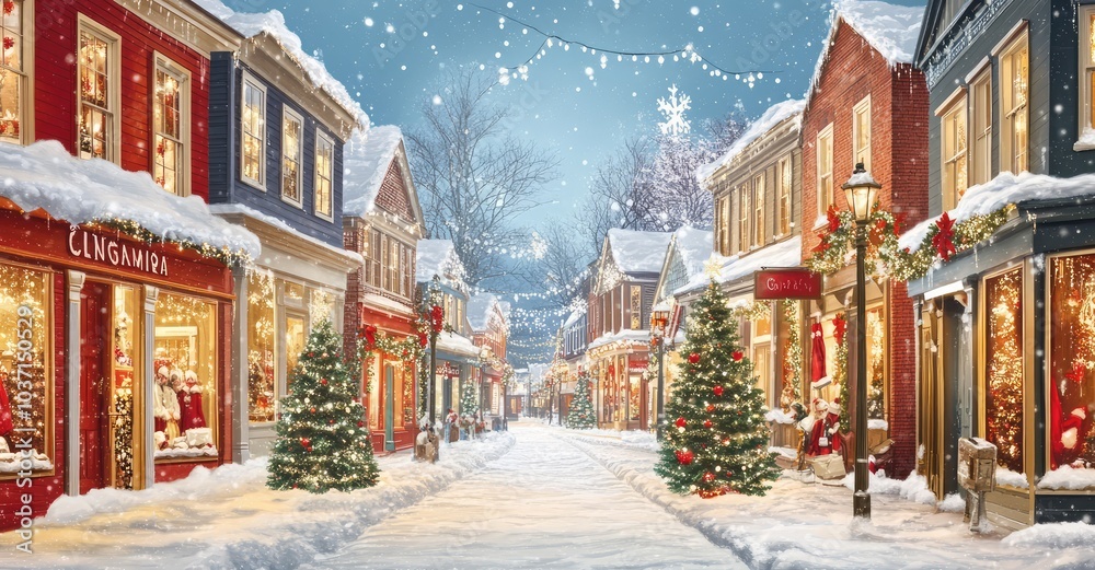 Fototapeta premium Charming Winter Street Scene with Festive Decorations. AI generated illustration.