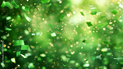 Green confetti floating in the air with a bokeh background. Festive backdrop with copy space for design. Birthday  or Christmas border frame. 