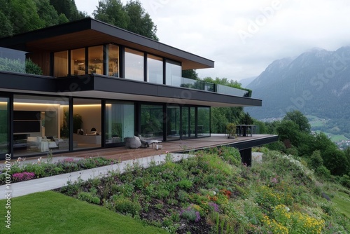 This elegant hillside residence boasts modern design elements, large glass windows, and panoramic mountain views, harmonizing architecture with the surrounding landscape.