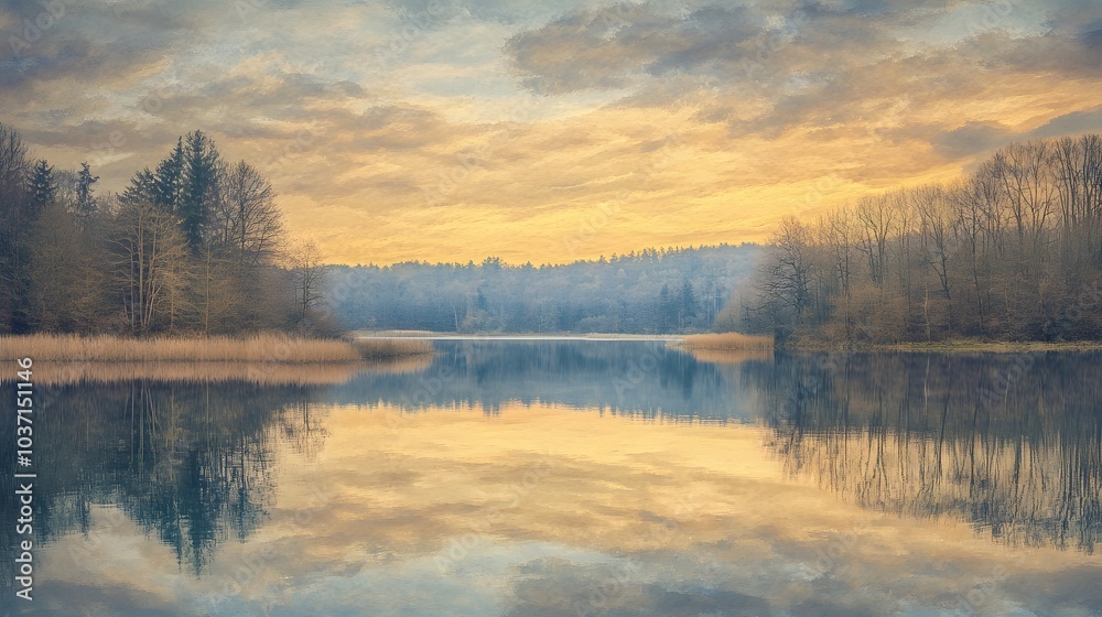 113. A peaceful lakeside scene at dusk, with reflections of trees in the calm water