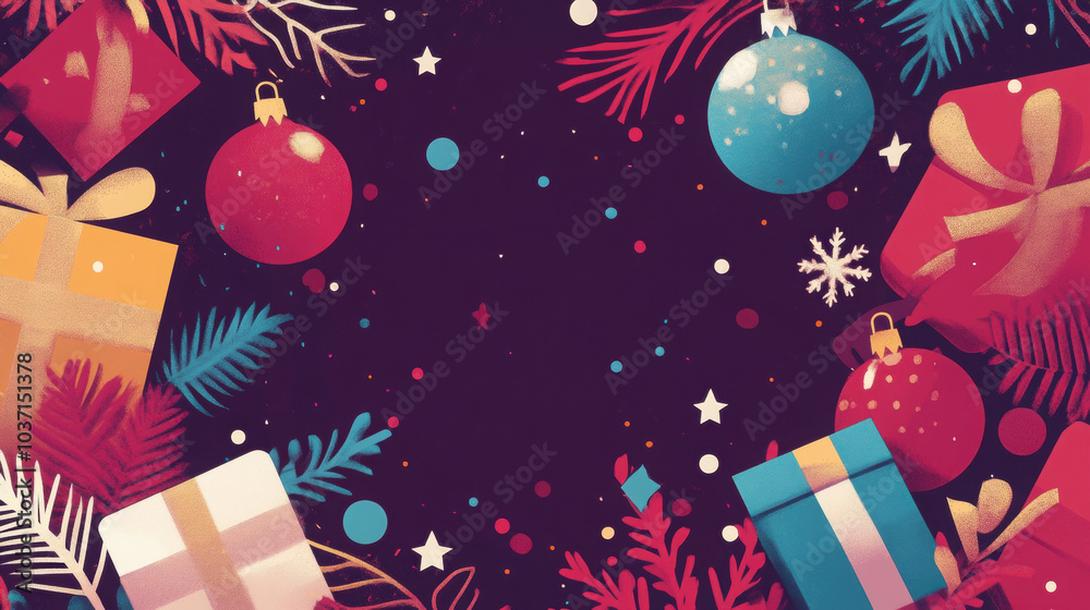 Festive Holiday Background: A whimsical and vibrant illustration of Christmas ornaments, presents, and pine branches, set against a deep purple backdrop. The perfect invitation for holiday cheer. Festive Holiday Background: A whimsical and vibrant illustration of Christmas ornaments, presents, and pine branches, set against a deep purple backdrop. The perfect invitation for holiday cheer.