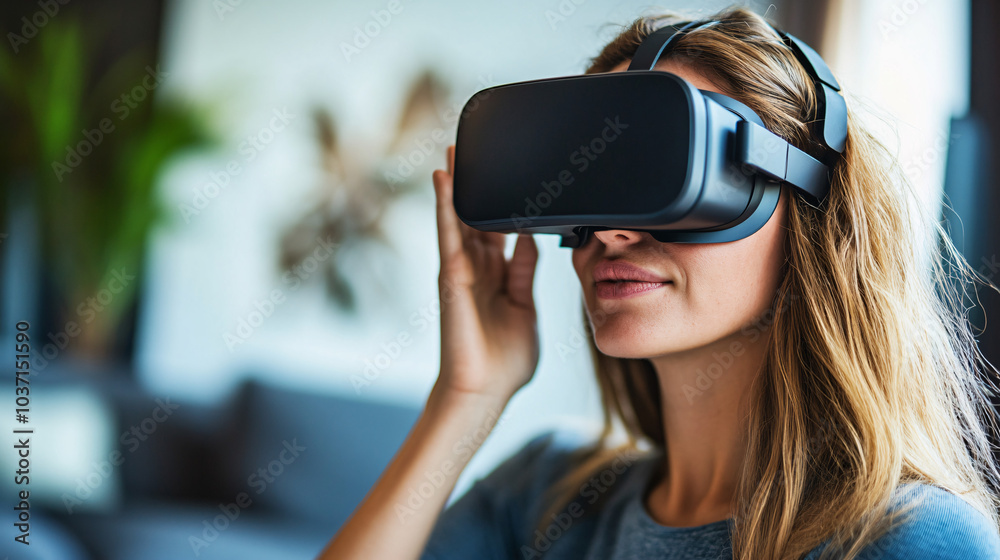 woman using virtual reality headset in modern interior woman using virtual reality headset in modern interior