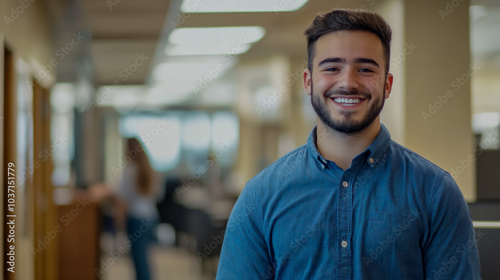 A male student, smiling and wearing a blue shirt and jeans in an office at a university. A male student, smiling and wearing a blue shirt and jeans in an office at a university.