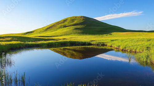 A serene hill with a small pond at its base, reflecting the surrounding landscape.