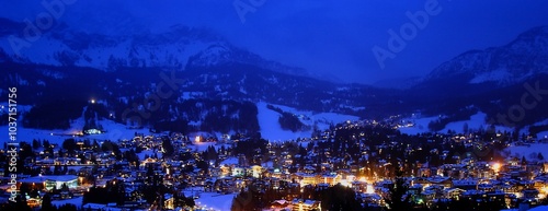 Night landscape of the town of Cortina d'Ampezzo in winter. Cortina d'Ampezzo, Belluno, Italy