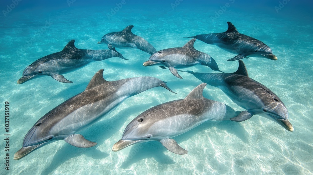 Obraz premium Playful Dolphins Swimming in Clear Blue Water