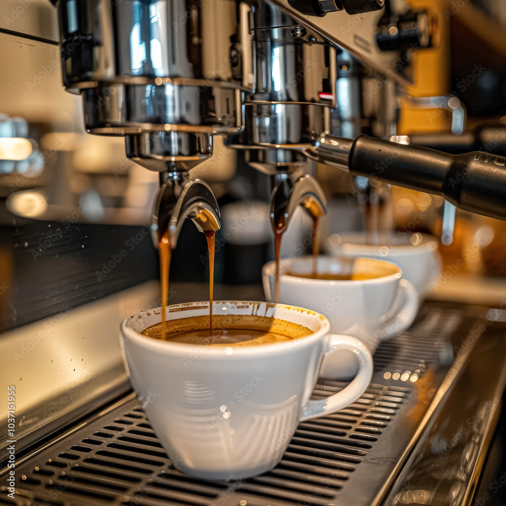 Coffee machine is dispensing coffee into two white cups. The coffee is a rich brown color and the cups are clean and white Coffee machine is dispensing coffee into two white cups. The coffee is a rich brown color and the cups are clean and white