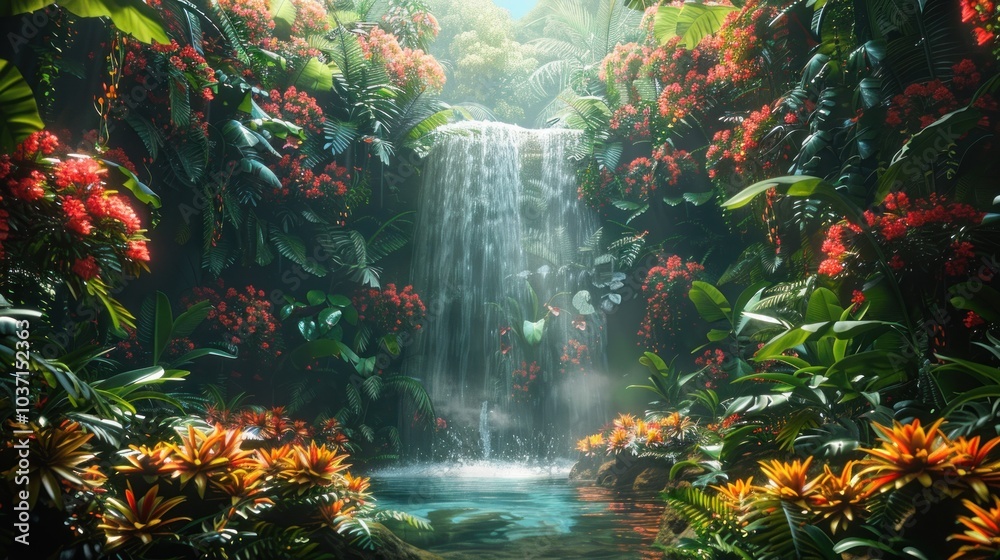 Fototapeta premium Serene Waterfall in Lush Tropical Jungle