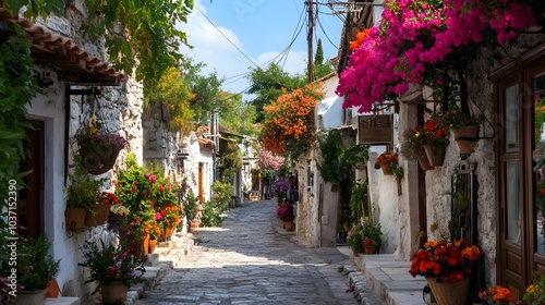 Fototapeta Naklejka Na Ścianę i Meble -  122. A charming old town with cobblestone streets, quaint shops, and blooming flowers