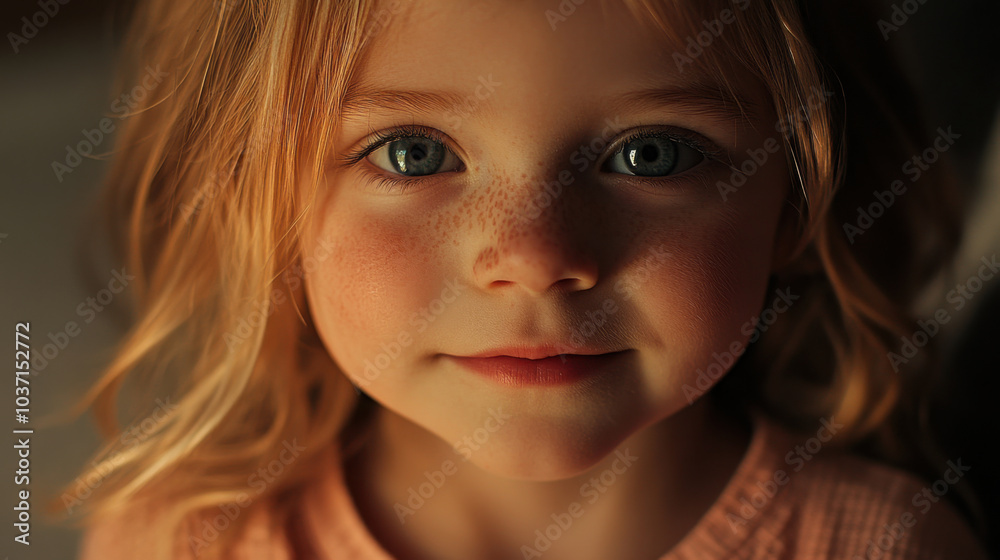Portrait of a smiling child with freckles and blue eyes in warm lighting Portrait of a smiling child with freckles and blue eyes in warm lighting