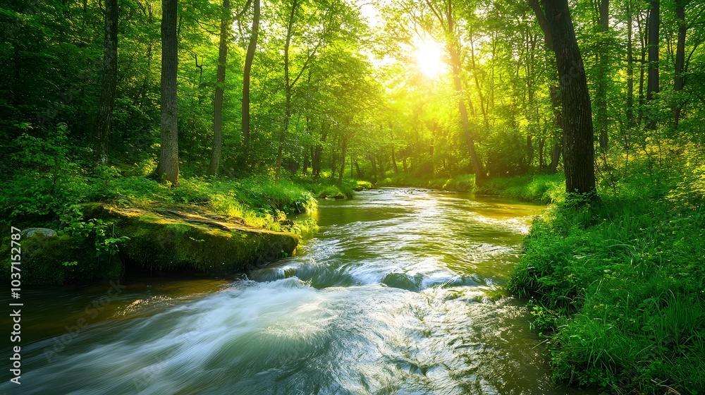 Obraz premium 124. A tranquil river winding through a lush forest, with sunlight filtering through the leaves