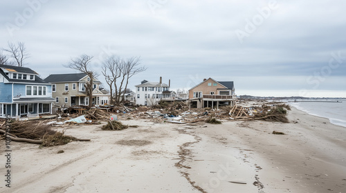 Aerial view of coastal town after hurricane, with uprooted trees, destroyed homes, and debris scattered across the beach, capturing the devastating aftermath of the storm.