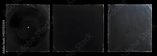 Set of Old Vinyl CD Record Cover Package Envelope Template Mock Up. Black Scratched Shabby Paper Cardboard Square Texture.