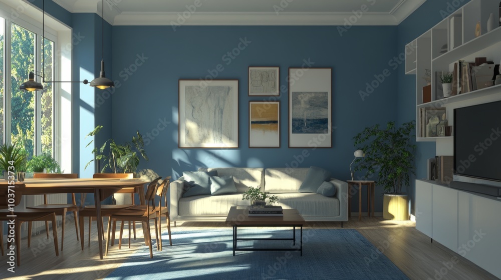 A cozy living room featuring blue walls, wooden furniture, framed artworks, and lush green plants with natural light. A cozy living room featuring blue walls, wooden furniture, framed artworks, and lush green plants with natural light.
