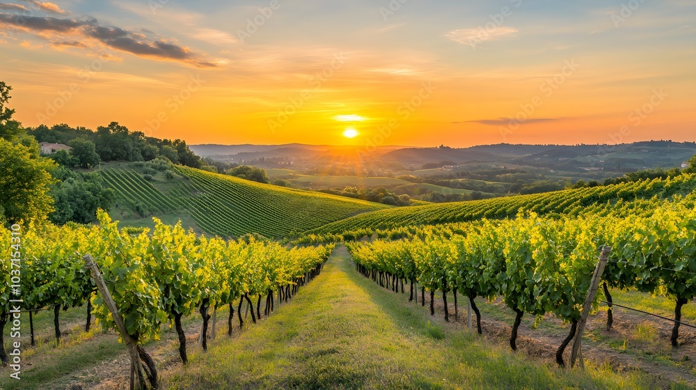 Naklejka premium 133. A peaceful sunset over a vineyard, with rows of grapevines stretching into the distance
