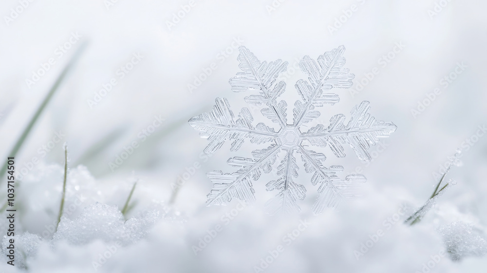 Delicate snowflake resting on fresh snowy ground in winter wonderland Delicate snowflake resting on fresh snowy ground in winter wonderland
