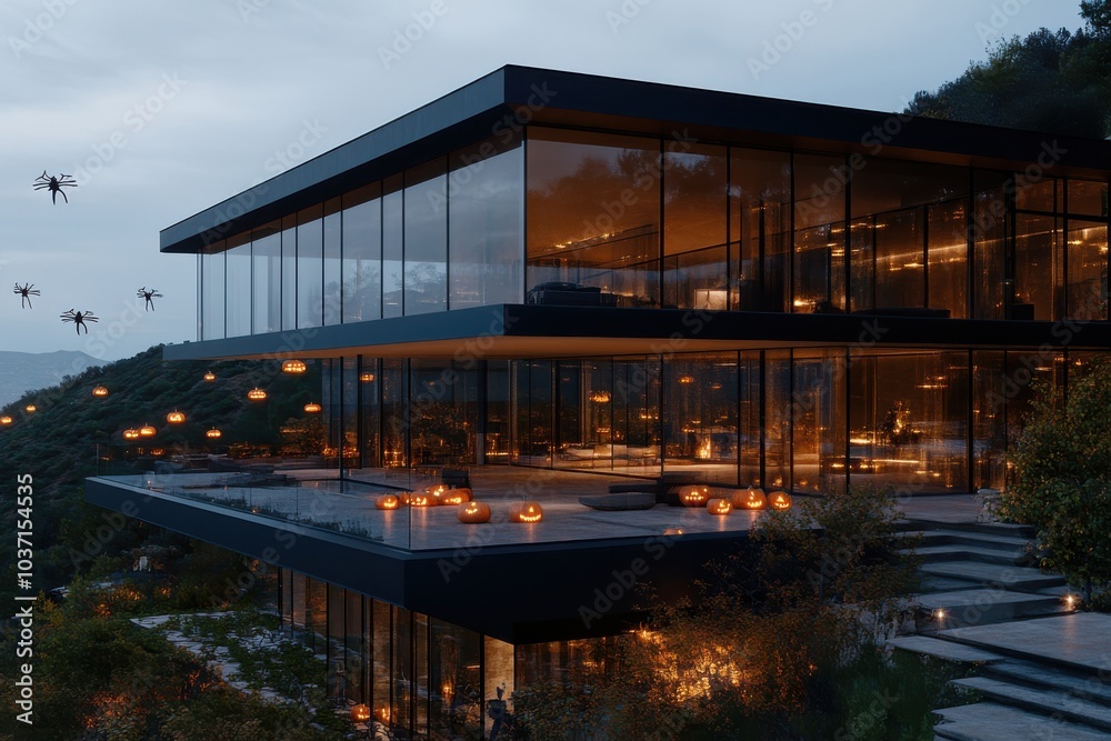 An elegant glass house perched on a hillside, adorned with Halloween pumpkins casting a warm glow, seamlessly integrating into the surrounding natural landscape. An elegant glass house perched on a hillside, adorned with Halloween pumpkins casting a warm glow, seamlessly integrating into the surrounding natural landscape.
