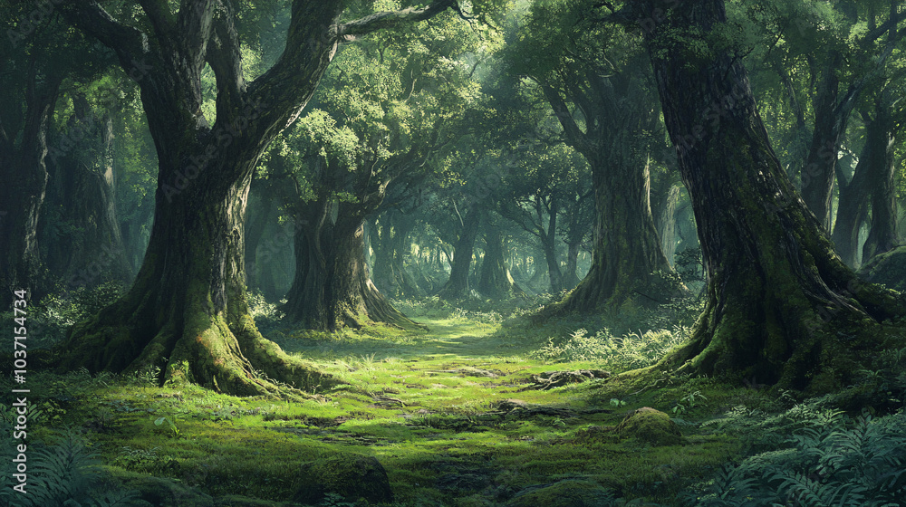 Obraz premium A serene forest landscape with towering trees and a soft carpet of moss.