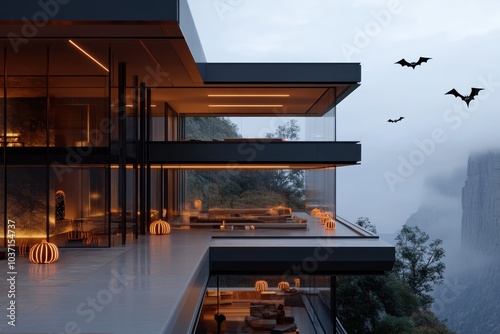 This luxury glass residence, illuminated by dim lighting, offers a breathtaking view as bats soar majestically in the foggy landscape beyond the structure.