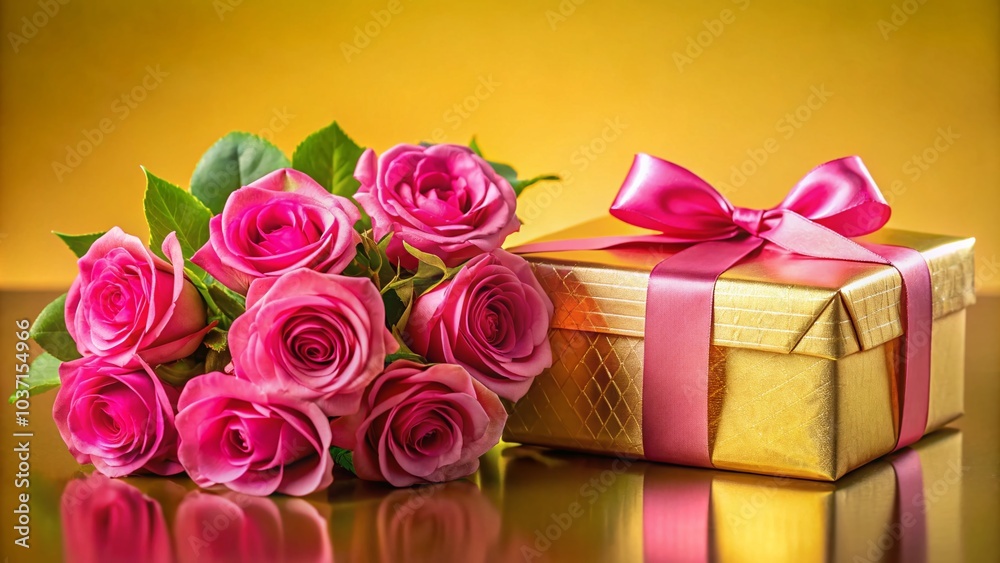 Beautiful Pink Roses and Golden Gift Box on Yellow Background for Birthday Invitation Design Beautiful Pink Roses and Golden Gift Box on Yellow Background for Birthday Invitation Design
