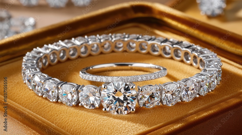 Elegant Diamond Jewelry Set on Golden Background
