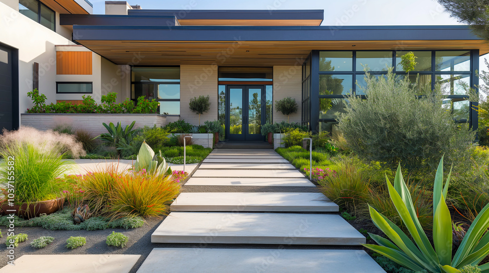 Fototapeta premium Modern house front entrance with glass doors and minimalist landscaping