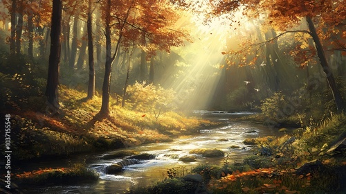 143. A peaceful river winding through a forest, with sunlight filtering through the leaves above