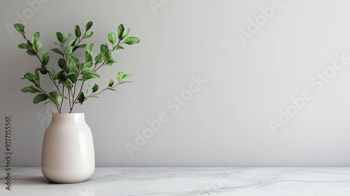 A minimalist arrangement of lush green leaves in a simple ceramic vase atop a marble surface, enhancing the serene indoor atmosphere.