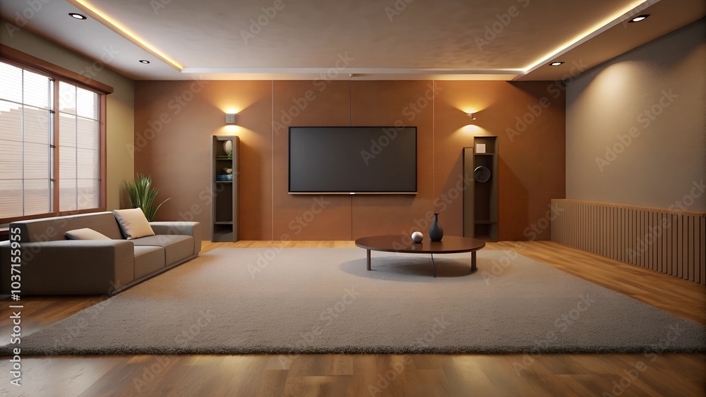 Fototapeta premium Minimalist interior design of modern entertainment room with carpet brown wall