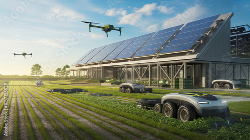 Futuristic farm featuring solar panels, drones, and automated vehicles enhancing agricultural efficiency. scene captures innovation and sustainability in modern farming practices