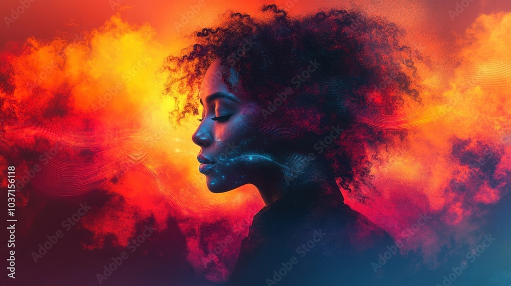 A silhouette of a woman against a vibrant, colorful background representing creativity and emotion.