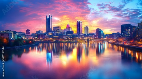 145. A vibrant city skyline at sunset, with colorful lights reflecting on a calm river