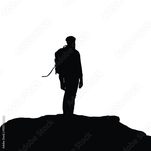 A silhouette of a trekker standing on a rock vector. Embodying the spirit of adventure, resilience, exploration, strength, achievement, challenge, and success.
