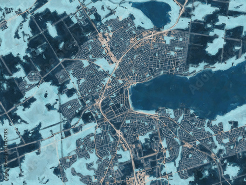 Painterly Style City Map of Barrie Ontario, Canada in a Blue Color Scheme.