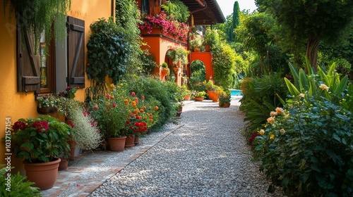 Lush garden scene with a pebble path weaving through colorful flowers, beside an orange building and leafy trees. photo