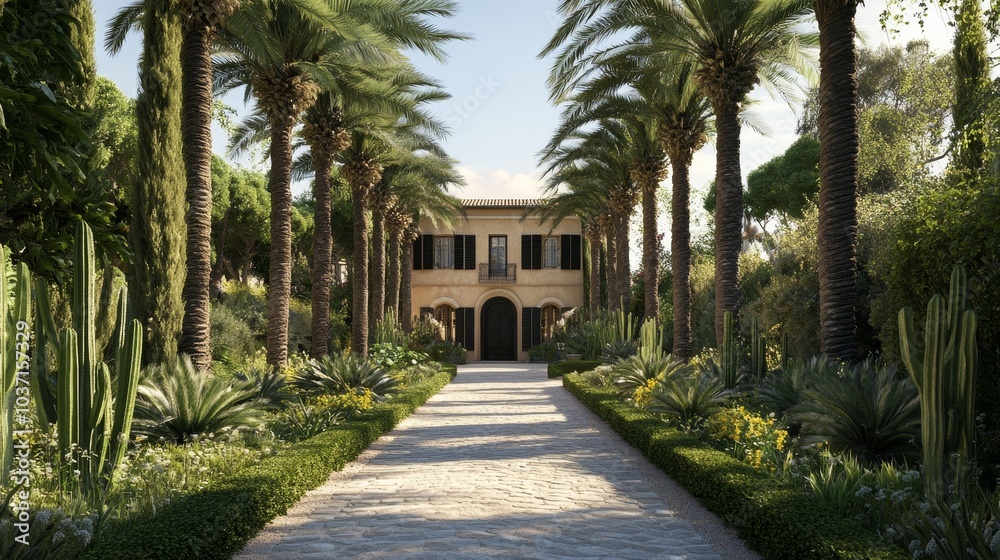 An idyllic Mediterranean villa lined with towering palms and a sun-drenched pathway, nestled amidst lush, vivid greenery. An idyllic Mediterranean villa lined with towering palms and a sun-drenched pathway, nestled amidst lush, vivid greenery.