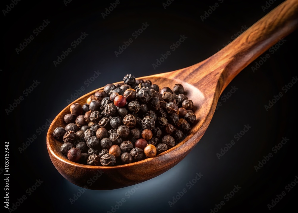 Black Pepper in Wooden Spoon Isolated on Black Background - High Dynamic Range Photography Black Pepper in Wooden Spoon Isolated on Black Background - High Dynamic Range Photography