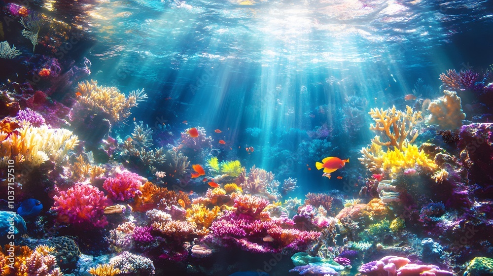152. A vibrant coral reef teeming with life, with rays of sunlight filtering down through the water 152. A vibrant coral reef teeming with life, with rays of sunlight filtering down through the water