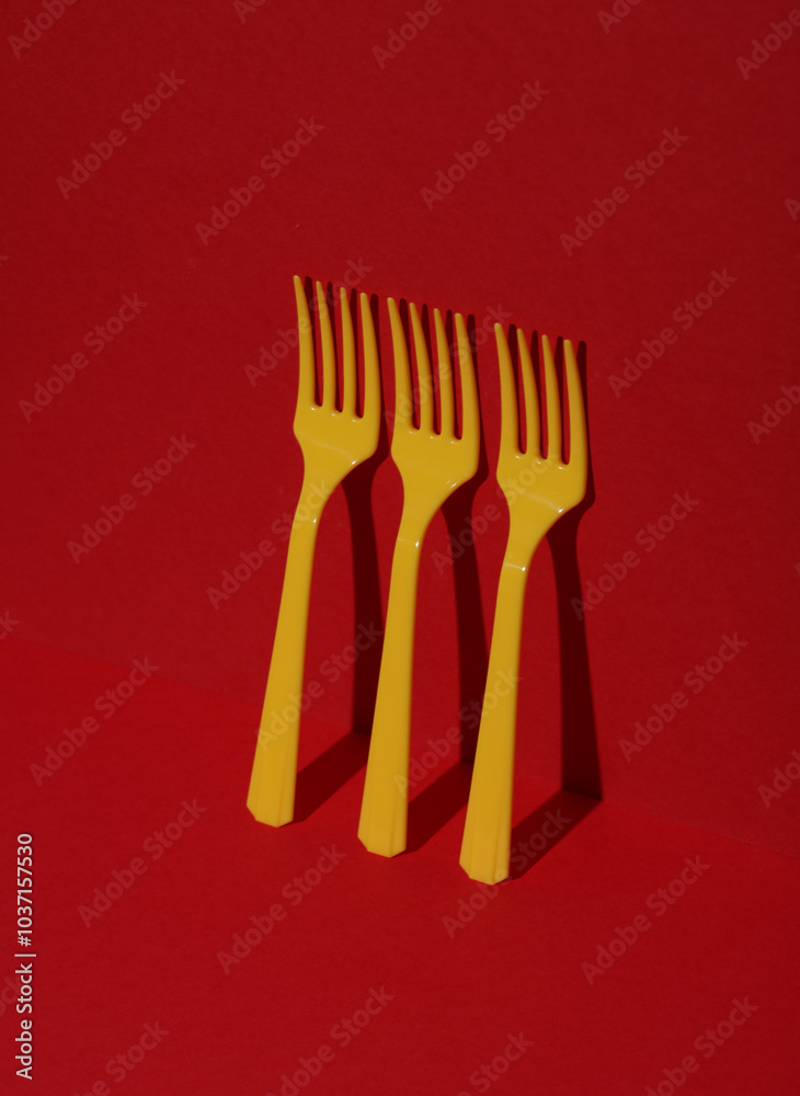 Yellow Plastic forks on red background with shadow. Minimalism. Creative layout. Food concept Yellow Plastic forks on red background with shadow. Minimalism. Creative layout. Food concept