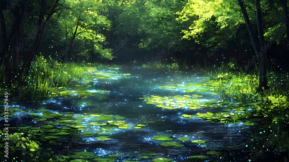 Obraz premium A serene forest scene with a tranquil pond, illuminated by soft blue and green lights reflecting off lily pads, creating a magical atmosphere.
