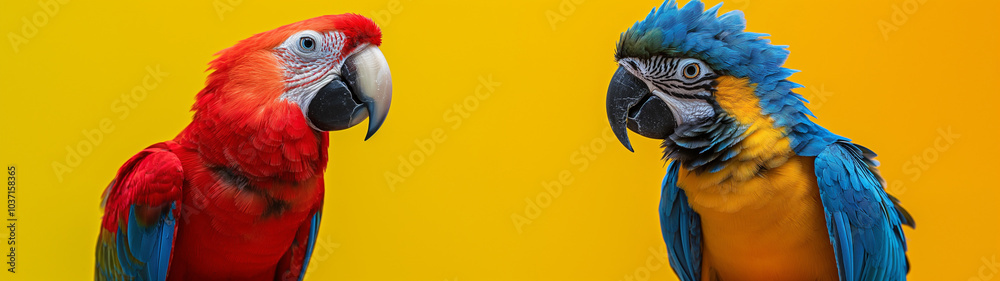 Fototapeta premium Vibrant red and blue parrots facing each other on a yellow background. Banner, header