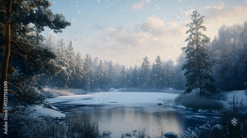 157. A cozy winter landscape with a frozen lake and evergreen trees dusted with snow