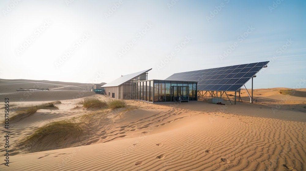 remote desert research station featuring solar panels and modern architecture, surrounded by vast sand dunes. structure showcases sustainable energy solutions in arid environment remote desert research station featuring solar panels and modern architecture, surrounded by vast sand dunes. structure showcases sustainable energy solutions in arid environment