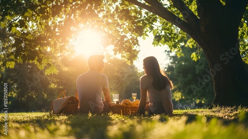 A young couple sitting in a park under a tree with a picnic basket beside them enjoying a quiet conversation in the sunlight photo