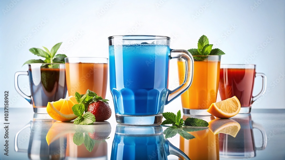 Fototapeta premium Blue Frosted Glass Mug for Refreshing Drinks on White Background - Ideal for Beverage Photography