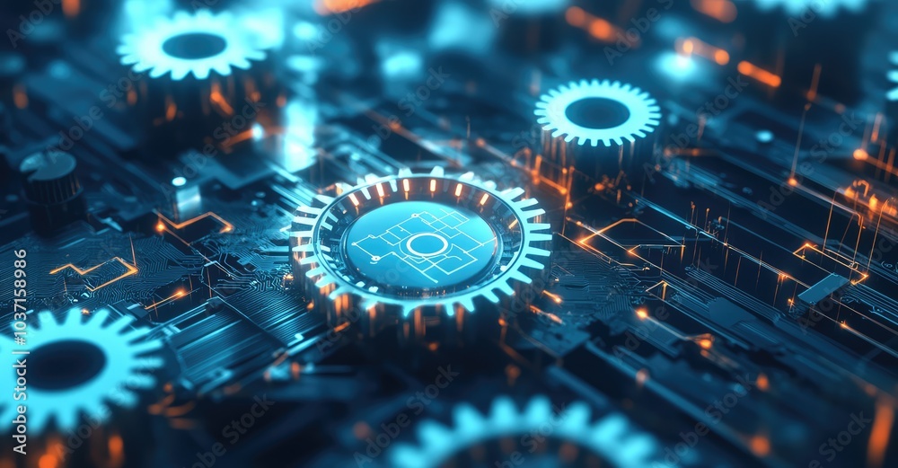 Interconnected Gears and Circuitry. AI generated illustration. Interconnected Gears and Circuitry. AI generated illustration.