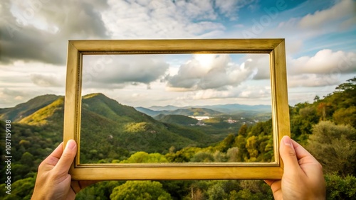 Framing a scenic mountain landscape with a vintage gold picture frame