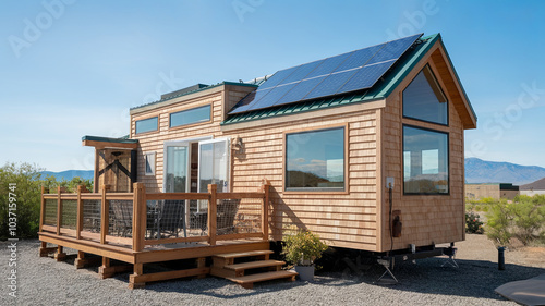 charming off grid tiny home featuring solar panels, surrounded by nature. This eco friendly dwelling showcases modern design with large windows and welcoming deck, perfect for sustainable living