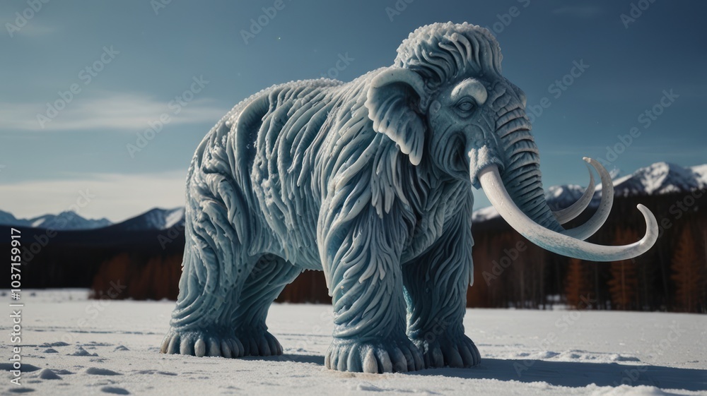 Fototapeta premium A large, blue ice sculpture of a mammoth stands in a snowy field, with mountains and trees in the background.